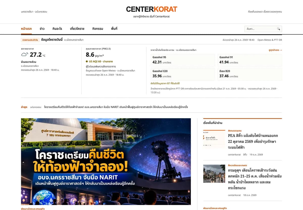 หน้าแรก CenterKorat แสดงข้อมูลจังหวัด ข่าวสาร และบทความท่องเที่ยวโคราช