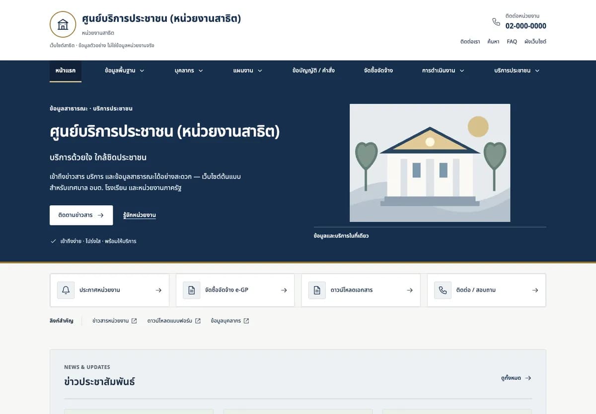 หน้าแรก Government Website Core แสดงหน่วยงานสาธิตและบริการประชาชน